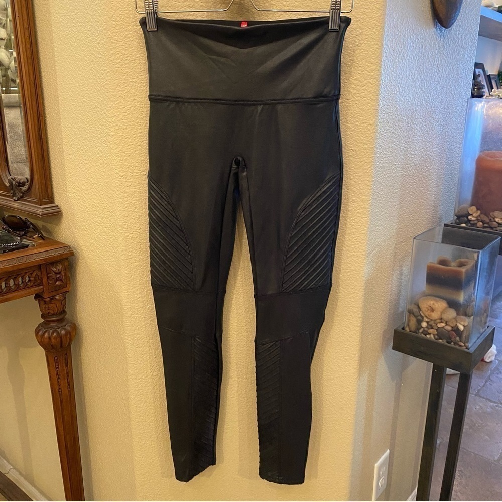 SPANX Women Black Faux Leather Moto Leggings Size Large